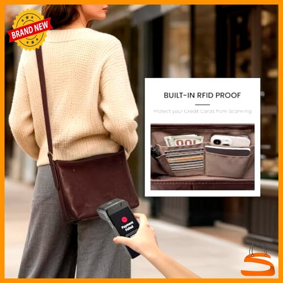 Genuine Leather Crossbody Bag RFID Blocking Medium Hobo Purse - Picture 2 of 7